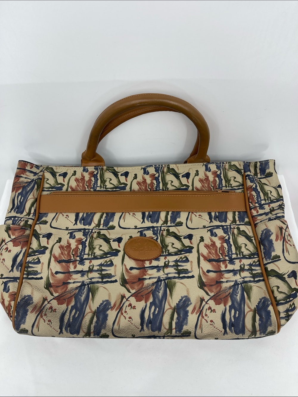 KD KLOKER&DAVID Cream Canvas Tote with Tan Trim and Multicolor Print